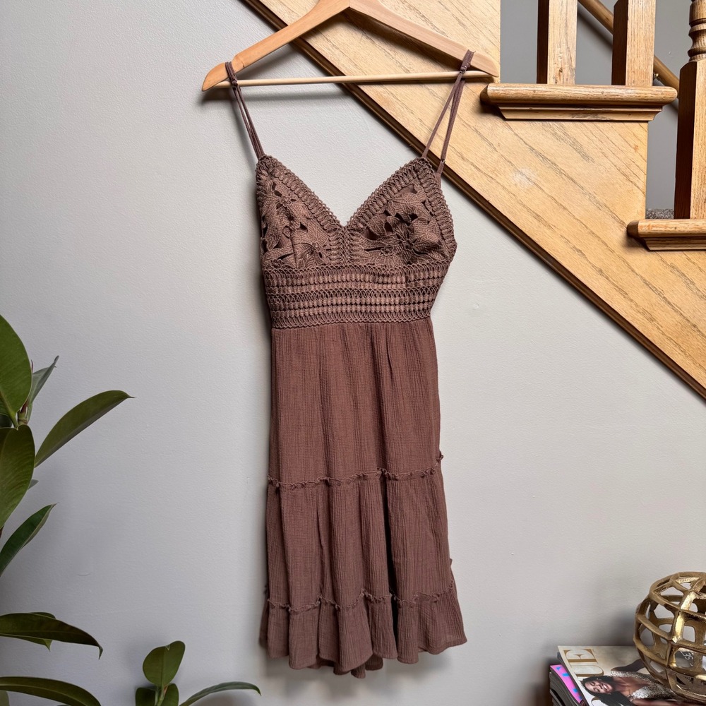 Y2K Boho Chocolate Brown Gauze Crochet Tiered V Neck Dress Goblincore Babydoll S - Picture 3 of 10